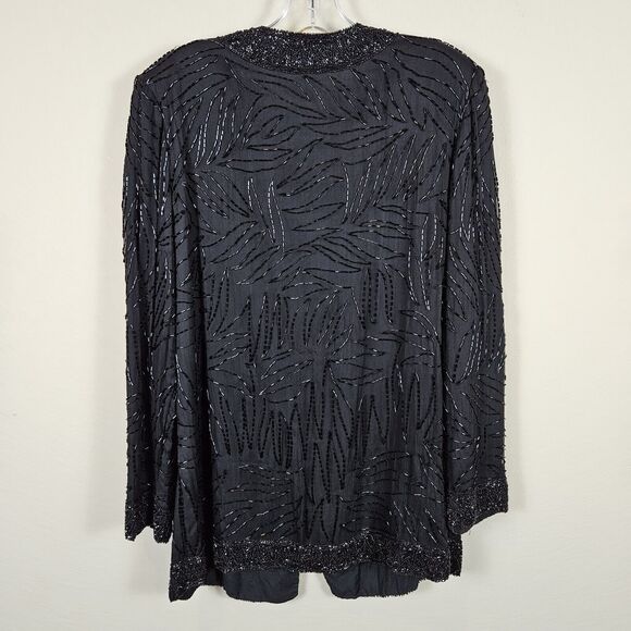 Vintage Beaded Silk Jacket Duster Coat Large Elegant Black Party Wedding Blazer - Picture 4 of 16